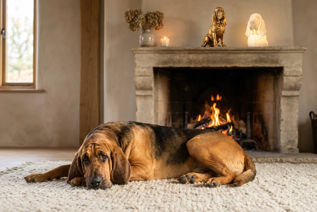 Bloodhound dog in a warm editorial interior with handcrafted sculpture and luminary