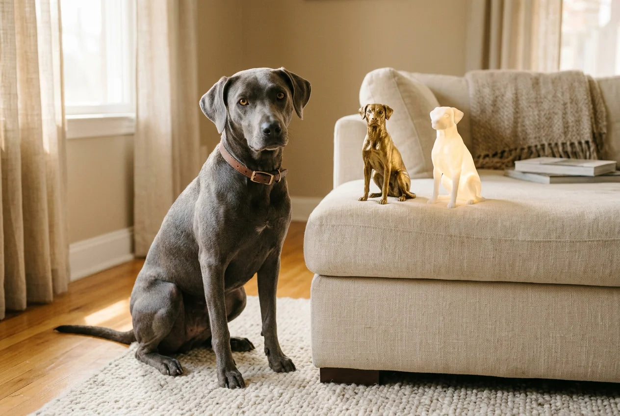 Blue Lacy dog in a warm editorial interior with handcrafted sculpture and luminary