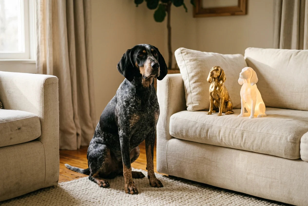 Bluetick Coonhound dog in a warm editorial interior with handcrafted sculpture and luminary