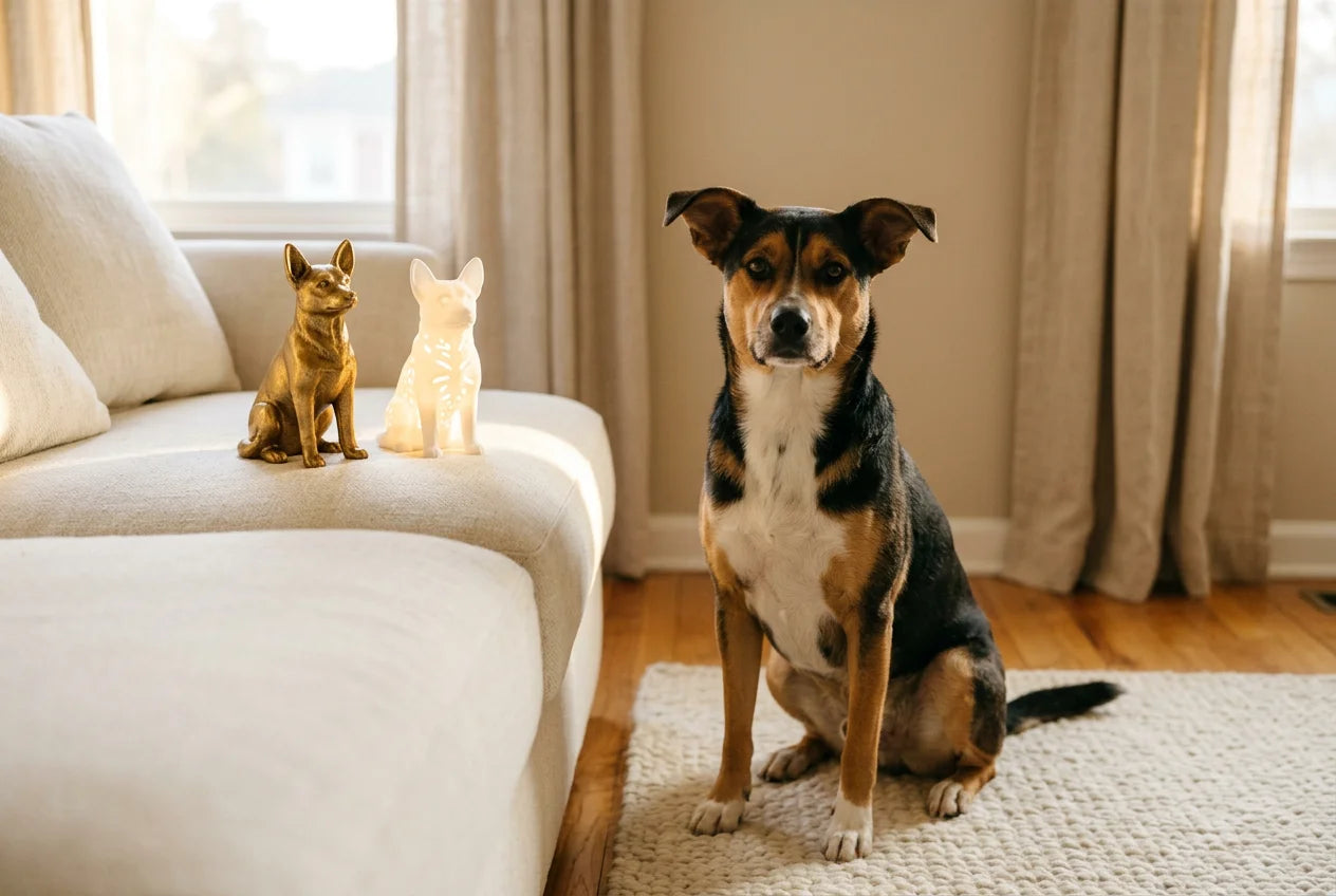 Bodacion dog in a warm editorial interior with handcrafted sculpture and luminary