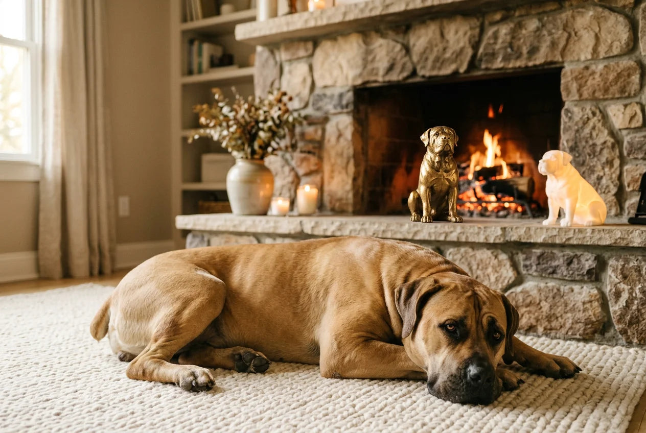 Boerboel dog in a warm editorial interior with handcrafted sculpture and luminary