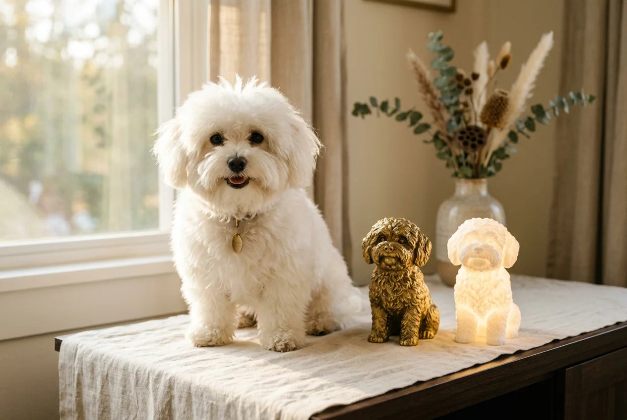 Bolognese dog in a warm editorial interior with handcrafted sculpture and luminary