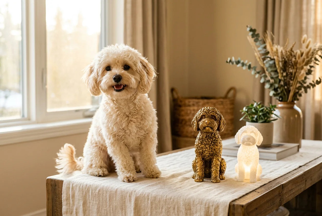 Bolonoodle dog in a warm editorial interior with handcrafted sculpture and luminary