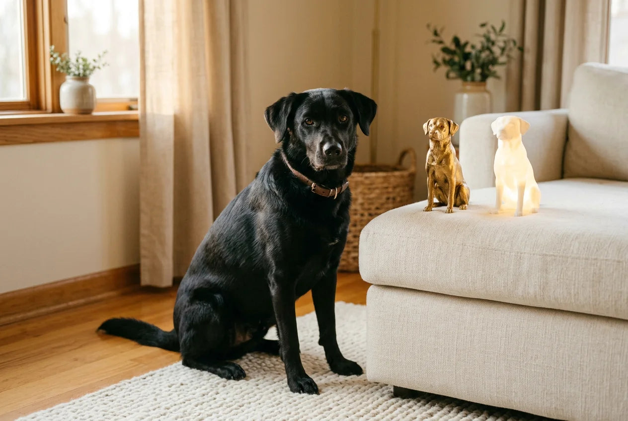 Borador dog in a warm editorial interior with handcrafted sculpture and luminary