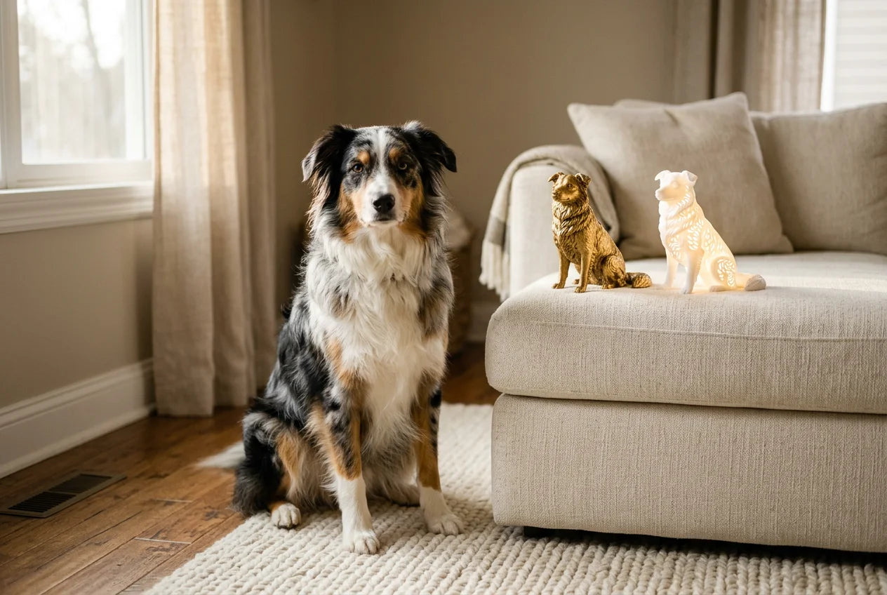 Border Aussie dog in a warm editorial interior with handcrafted sculpture and luminary