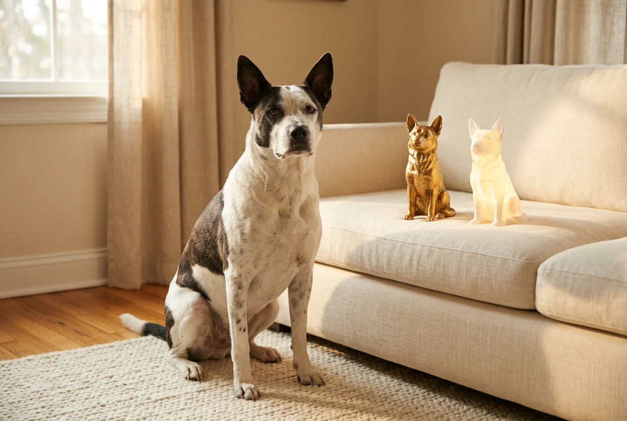 Border Collie Pit dog in a warm editorial interior with handcrafted sculpture and luminary