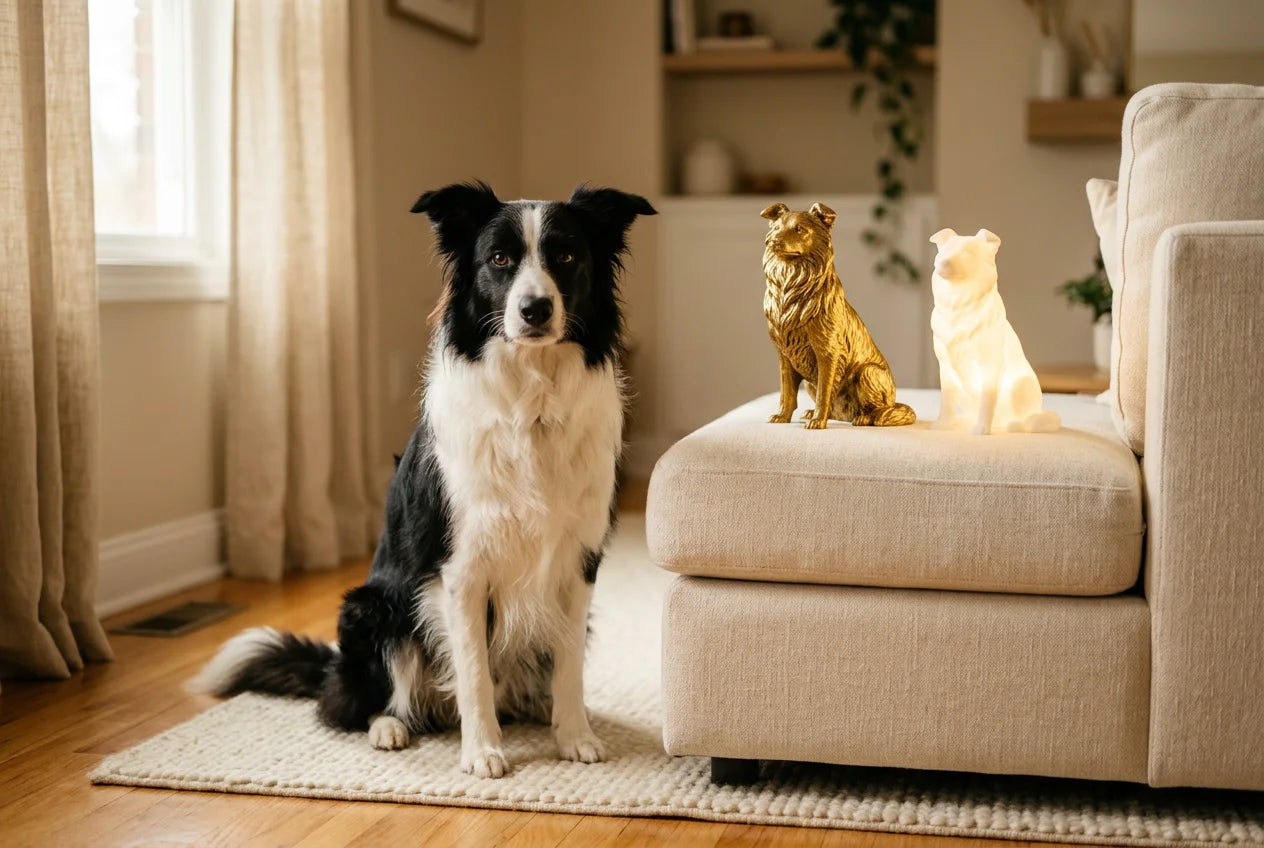 Border Collie dog in a warm editorial interior with handcrafted sculpture and luminary