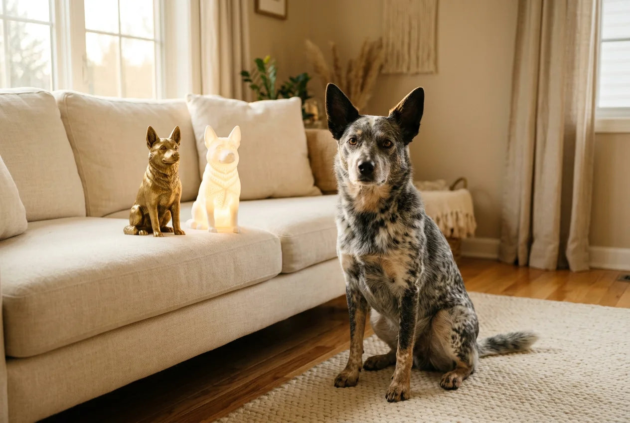 Border Heeler dog in a warm editorial interior with handcrafted sculpture and luminary