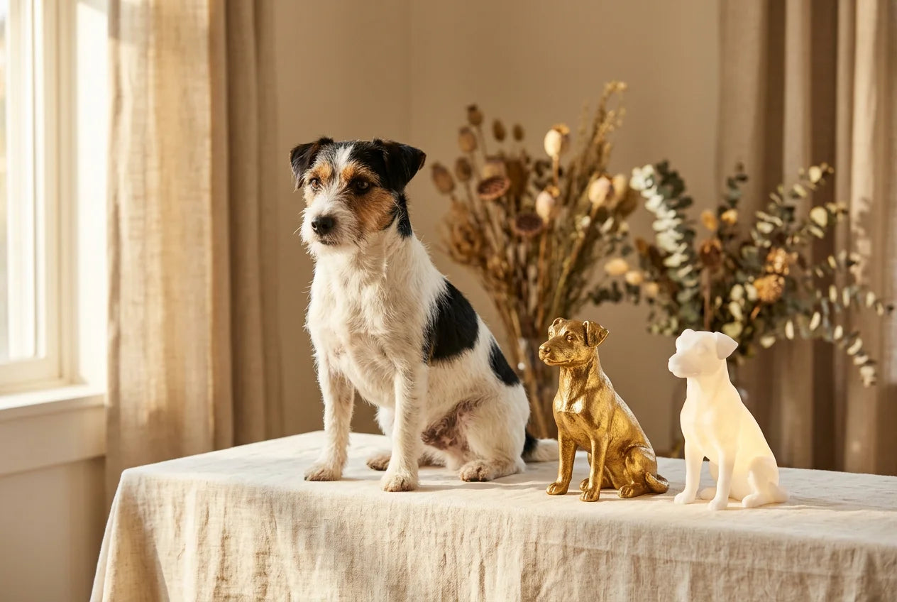 Border Jack dog in a warm editorial interior with handcrafted sculpture and luminary