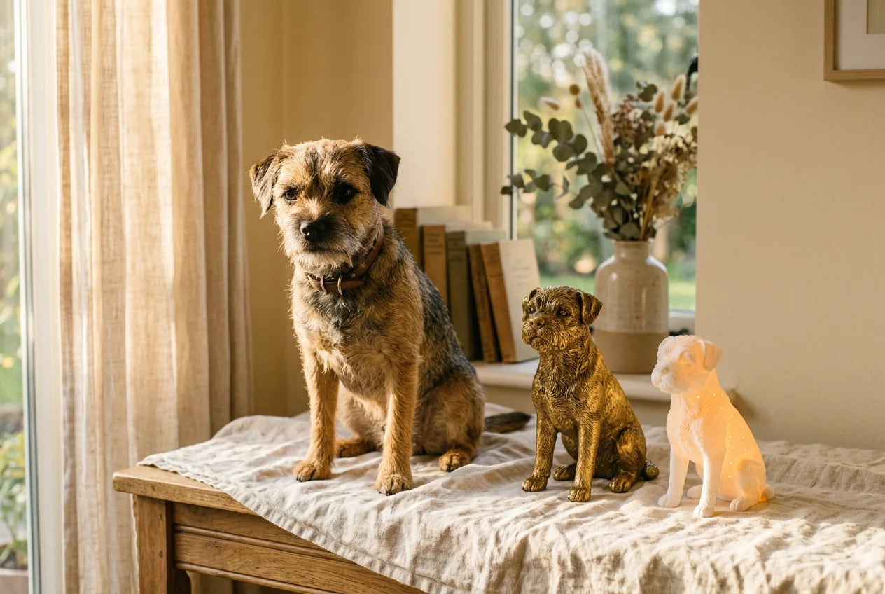 Border Terrier dog in a warm editorial interior with handcrafted sculpture and luminary