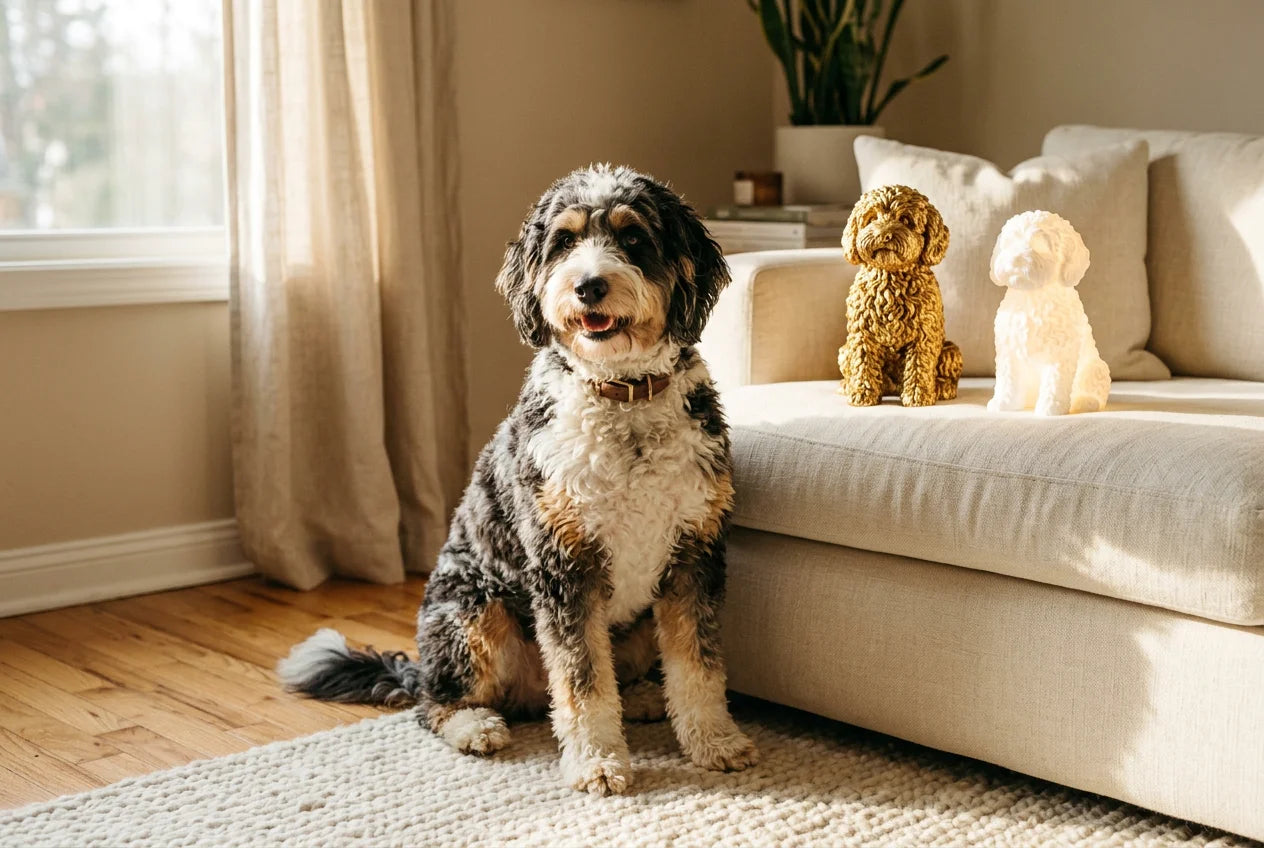 Bordoodle dog in a warm editorial interior with handcrafted sculpture and luminary