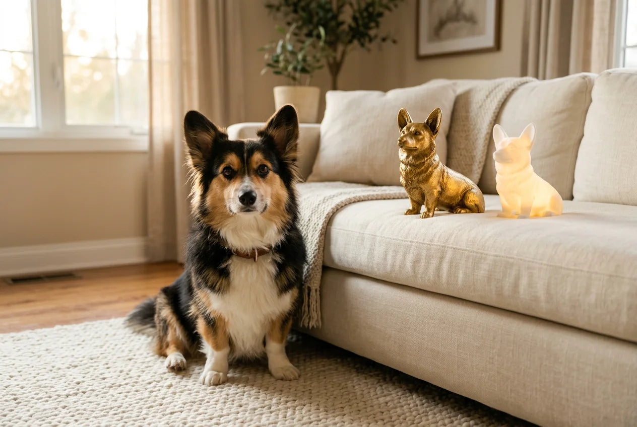 Borgi dog in a warm editorial interior with handcrafted sculpture and luminary