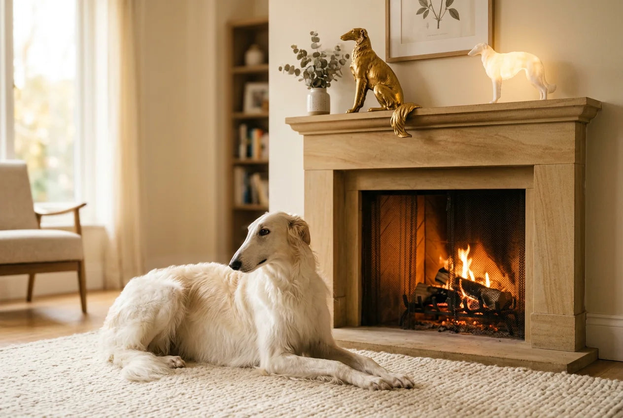 Borzoi dog in a warm editorial interior with handcrafted sculpture and luminary