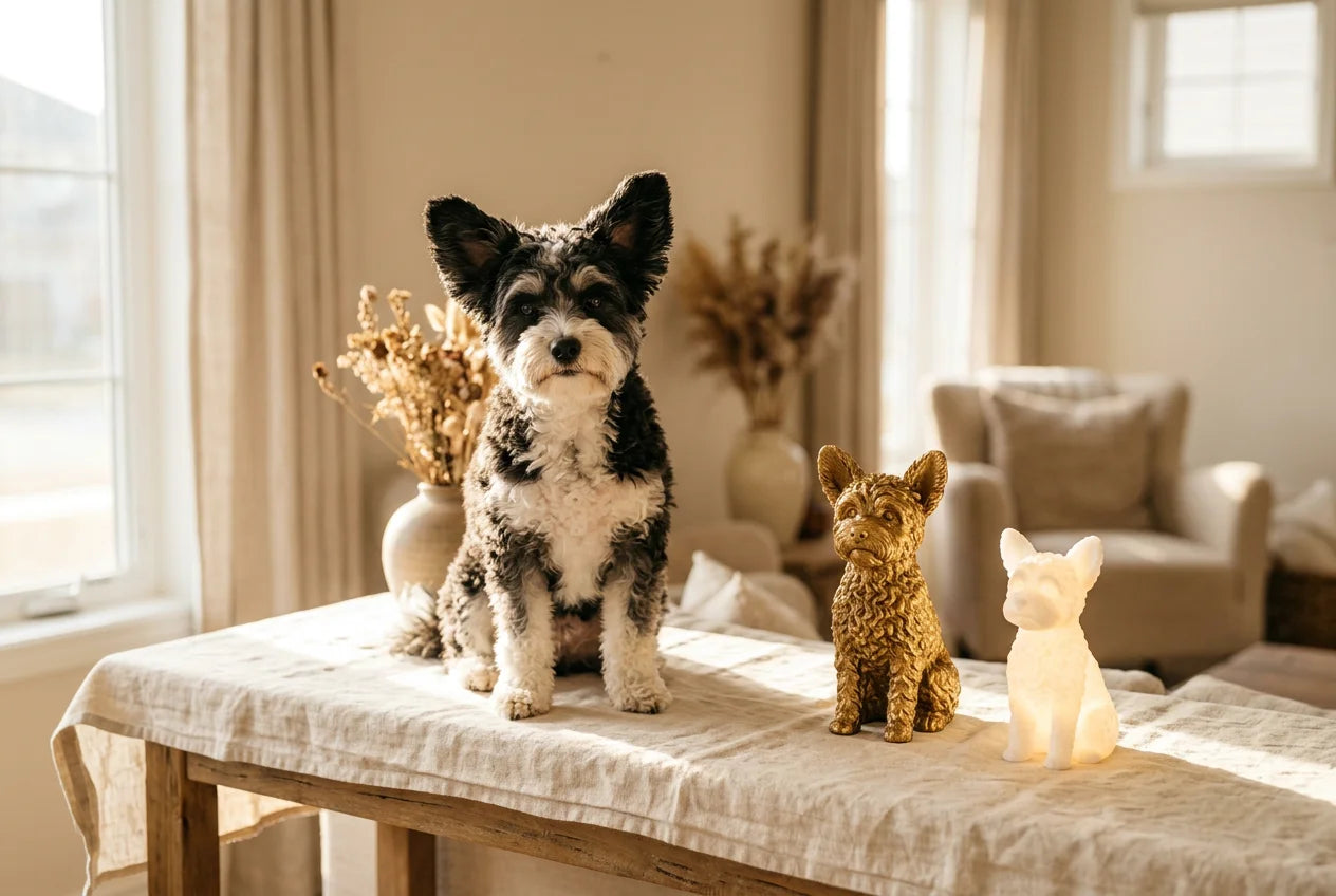 Bossi-Poo dog in a warm editorial interior with handcrafted sculpture and luminary