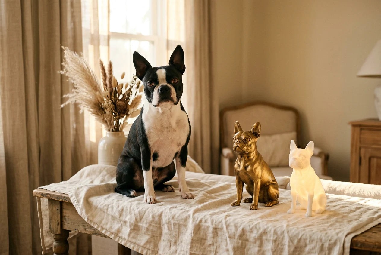 Boston Terrier dog in a warm editorial interior with handcrafted sculpture and luminary