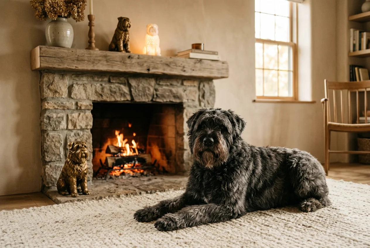 Bouvier des Flandres dog in a warm editorial interior with handcrafted sculpture and luminary