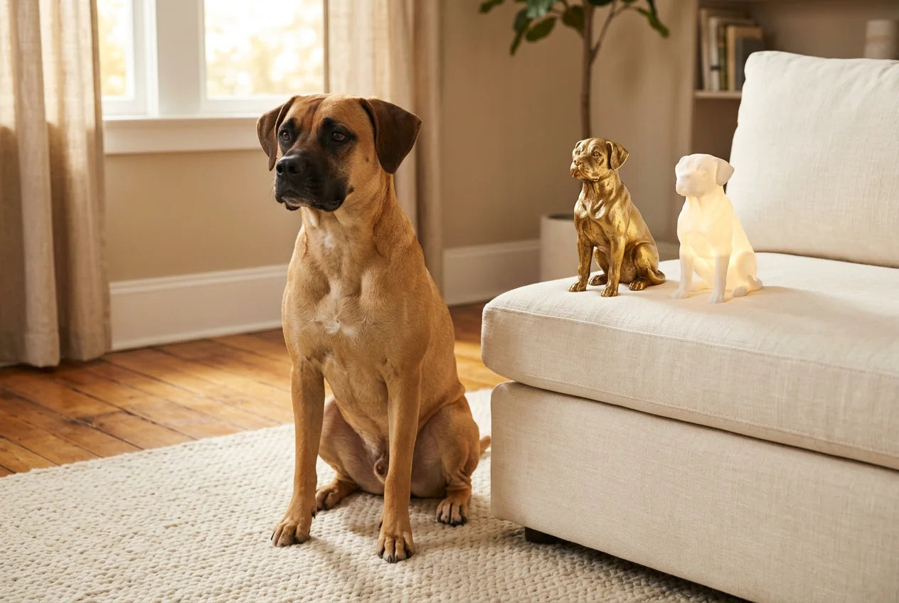 Boxador dog in a warm editorial interior with handcrafted sculpture and luminary