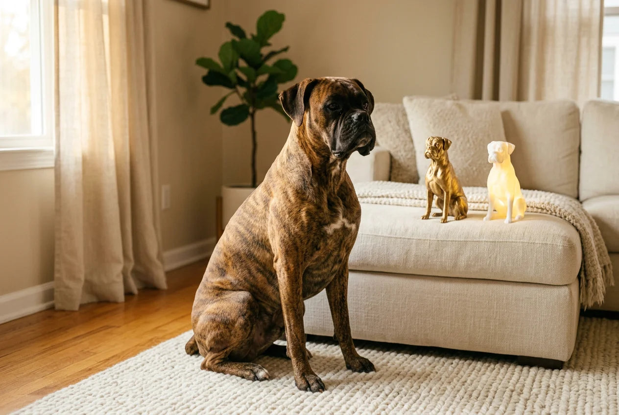 Boxer dog in a warm editorial interior with handcrafted sculpture and luminary