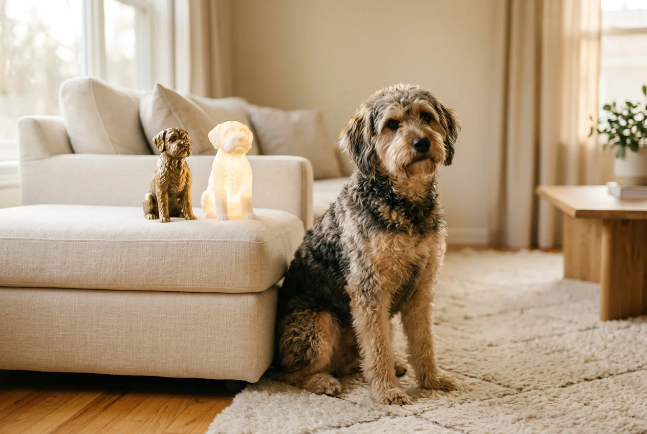 Boxerdoodle dog in a warm editorial interior with handcrafted sculpture and luminary