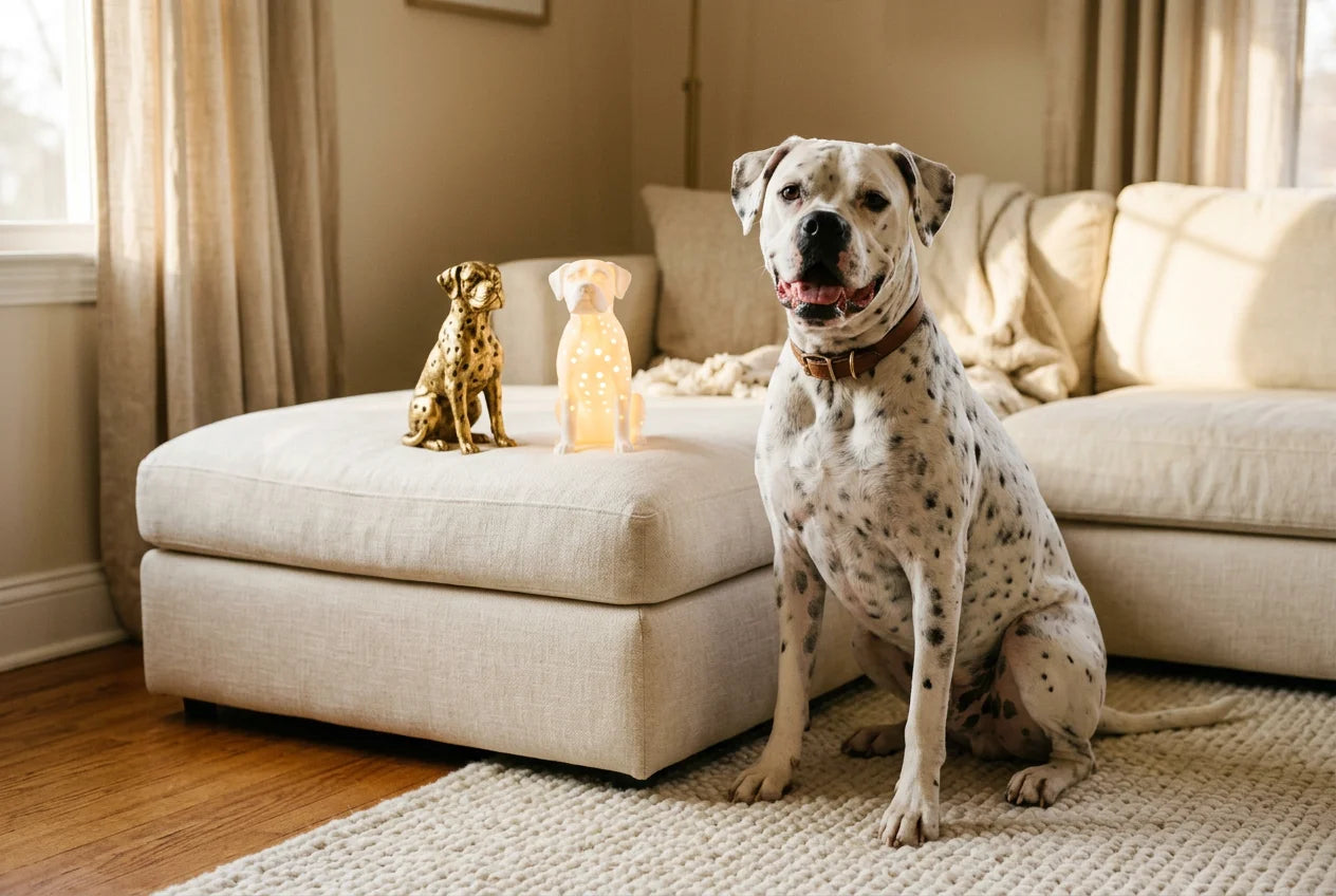 Boxmatian dog in a warm editorial interior with handcrafted sculpture and luminary