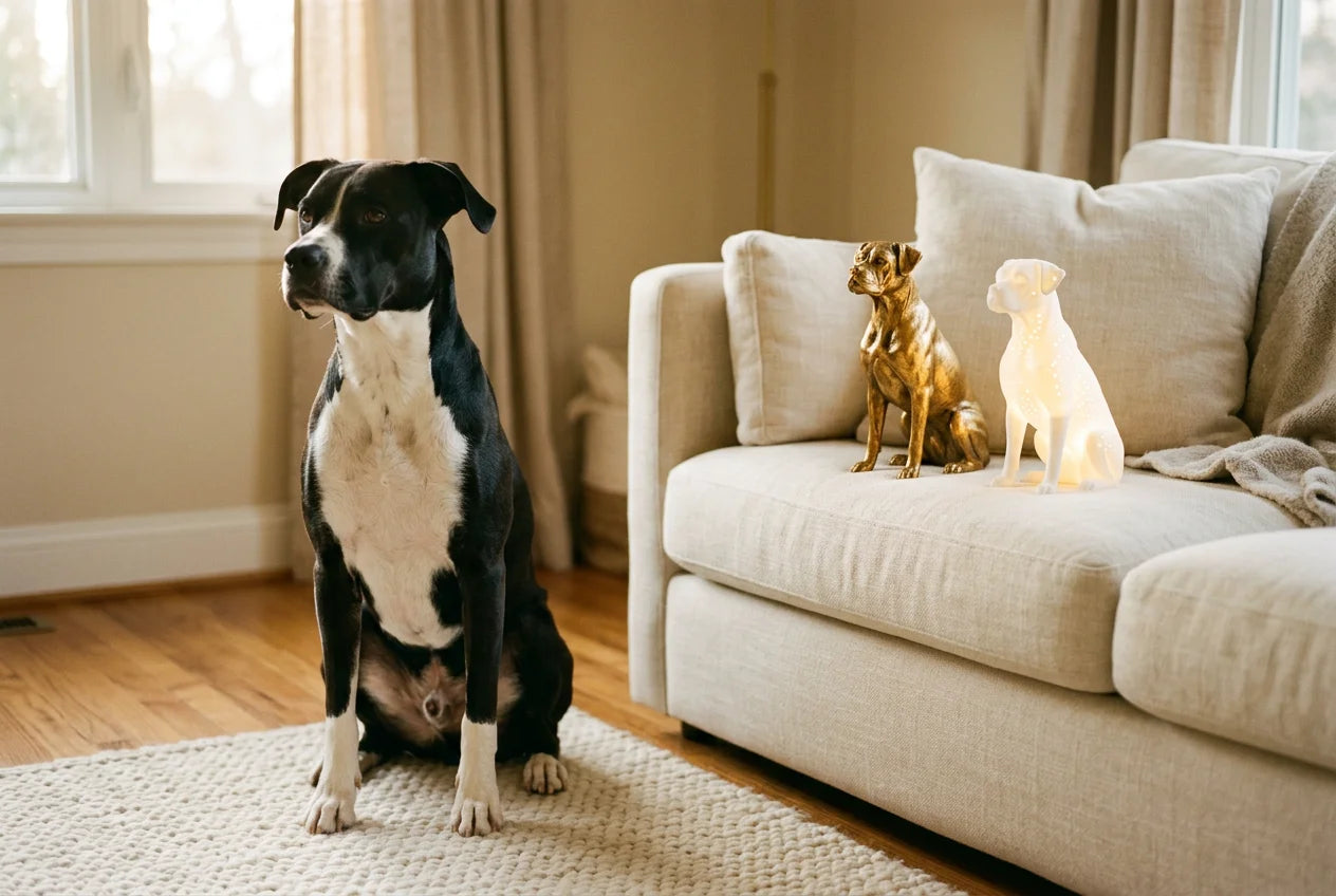 Boxollie dog in a warm editorial interior with handcrafted sculpture and luminary