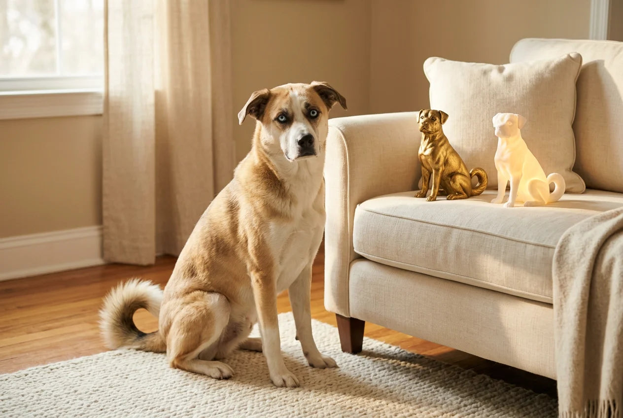 Boxsky dog in a warm editorial interior with handcrafted sculpture and luminary