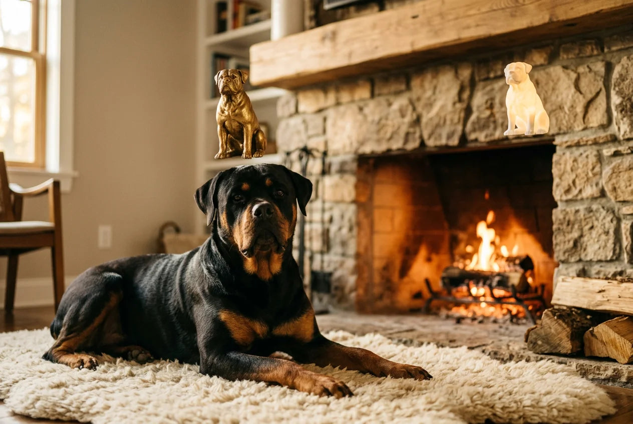 Boxweiler dog in a warm editorial interior with handcrafted sculpture and luminary
