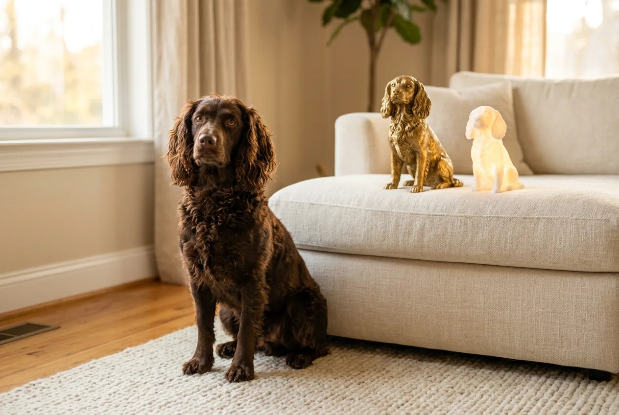 Boykin Spaniel dog in a warm editorial interior with handcrafted sculpture and luminary