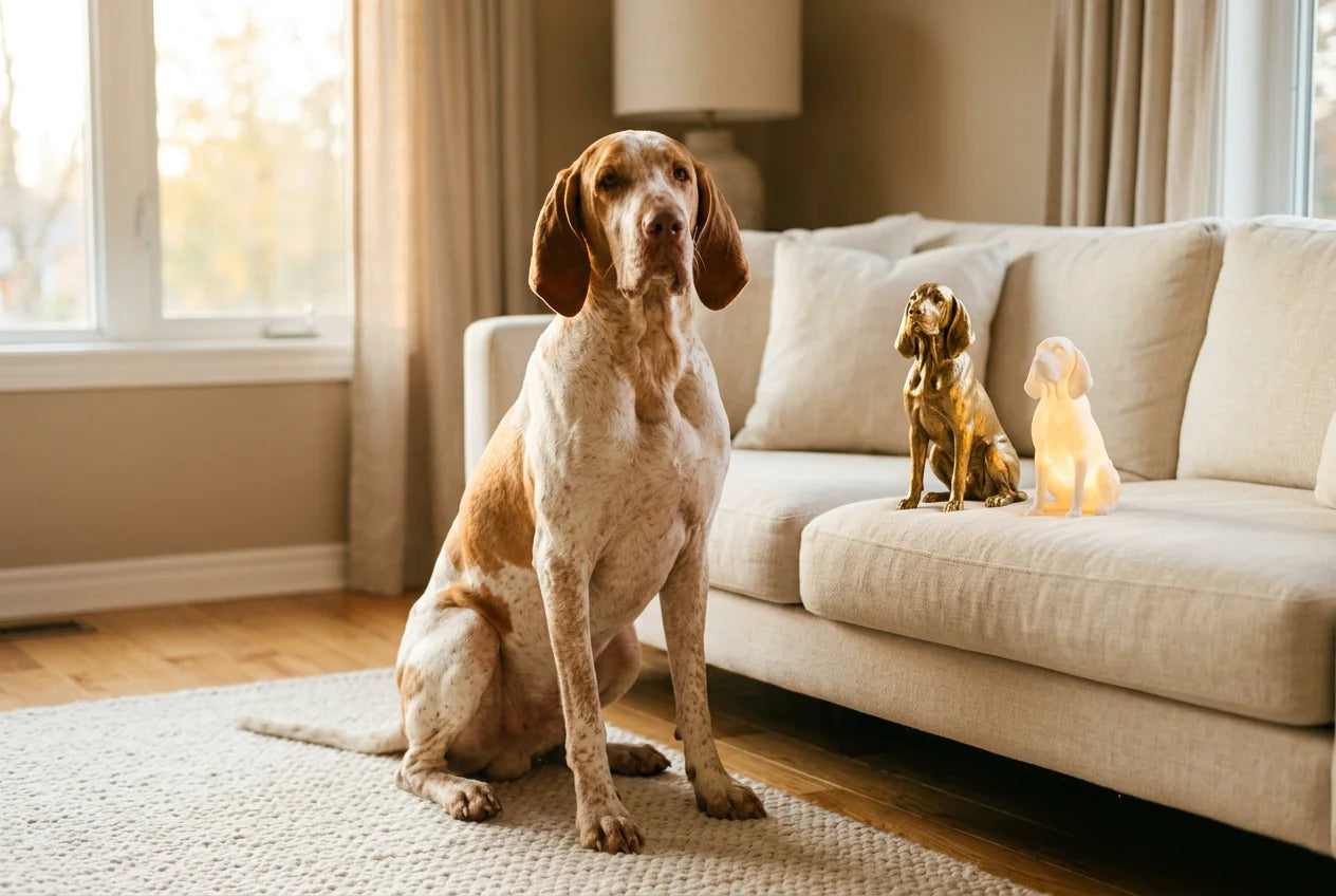 Bracco Italiano dog in a warm editorial interior with handcrafted sculpture and luminary