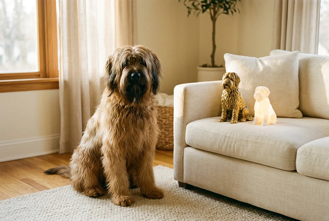 Briard dog in a warm editorial interior with handcrafted sculpture and luminary