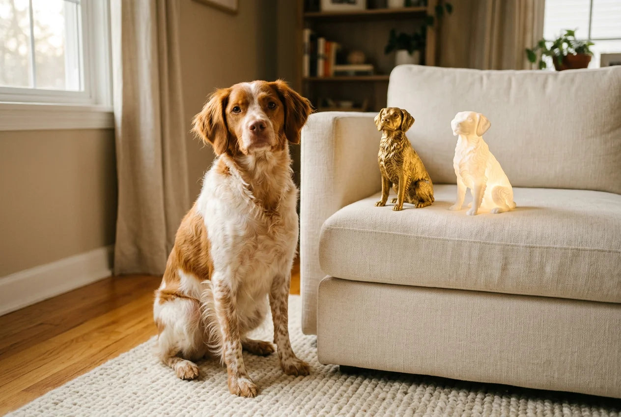 Brittany dog in a warm editorial interior with handcrafted sculpture and luminary