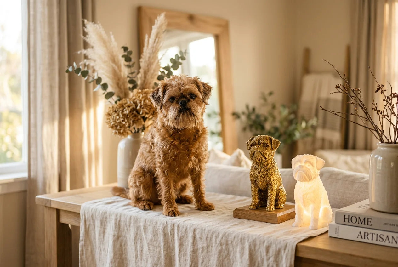 Broodle Griffon dog in a warm editorial interior with handcrafted sculpture and luminary