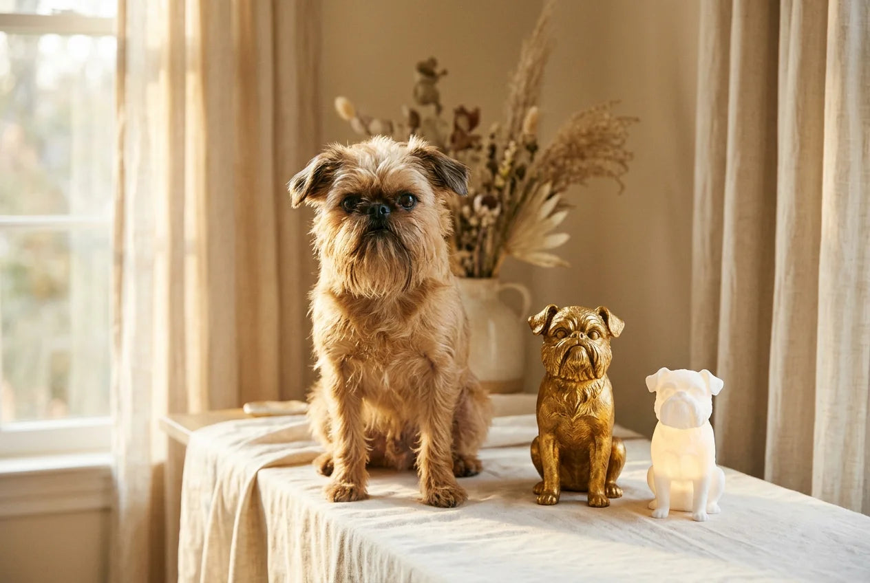Brussels Griffon dog in a warm editorial interior with handcrafted sculpture and luminary
