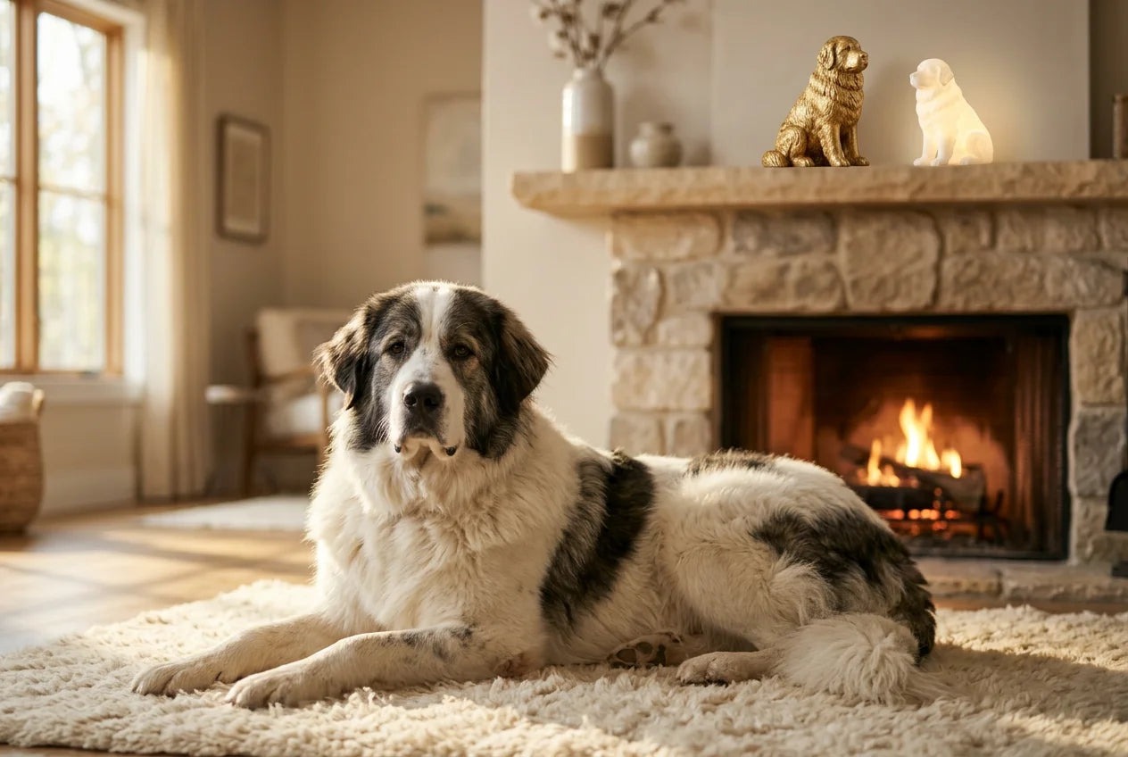 Bucovina Shepherd dog in a warm editorial interior with handcrafted sculpture and luminary
