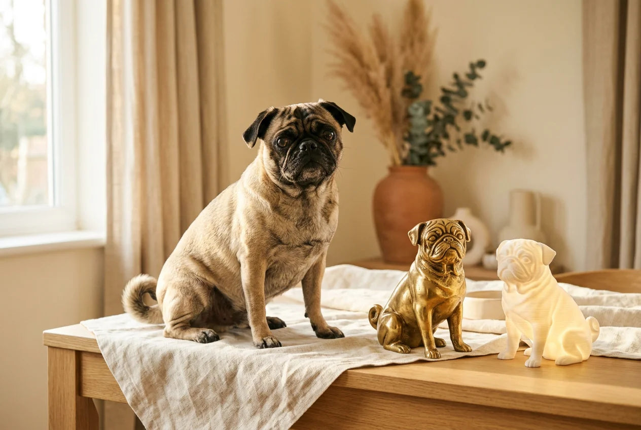 Bugg dog in a warm editorial interior with handcrafted sculpture and luminary