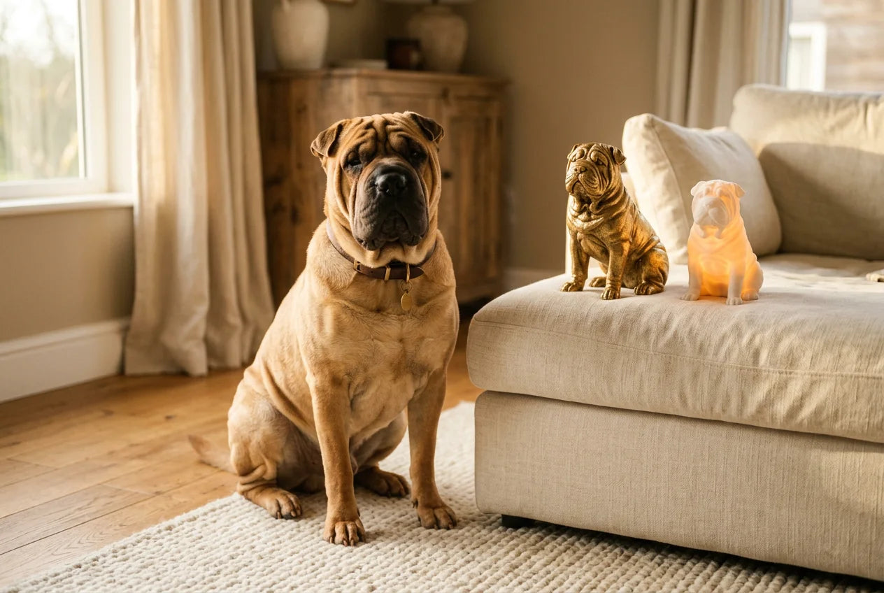 Bull Pei dog in a warm editorial interior with handcrafted sculpture and luminary