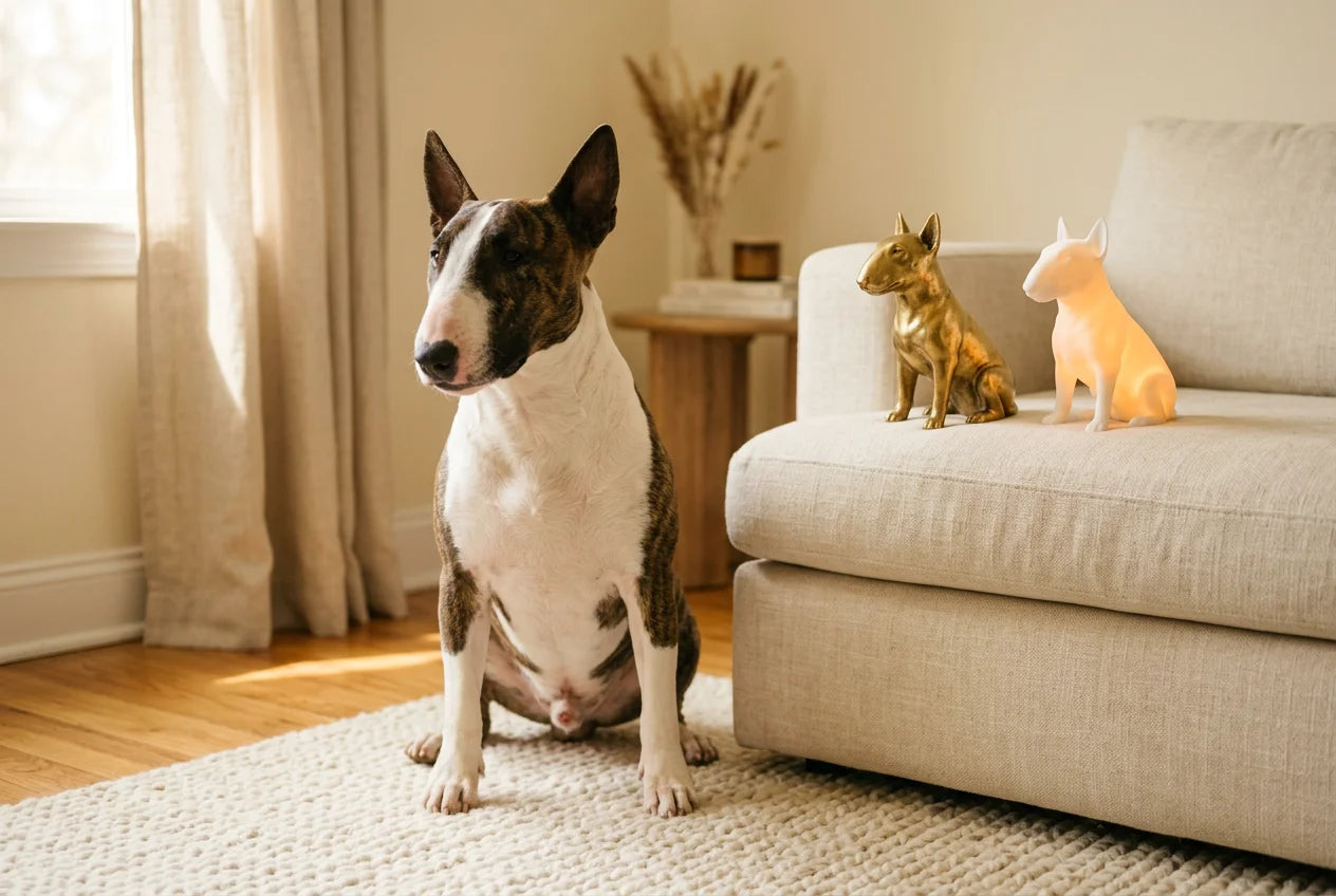 Bull Terrier dog in a warm editorial interior with handcrafted sculpture and luminary
