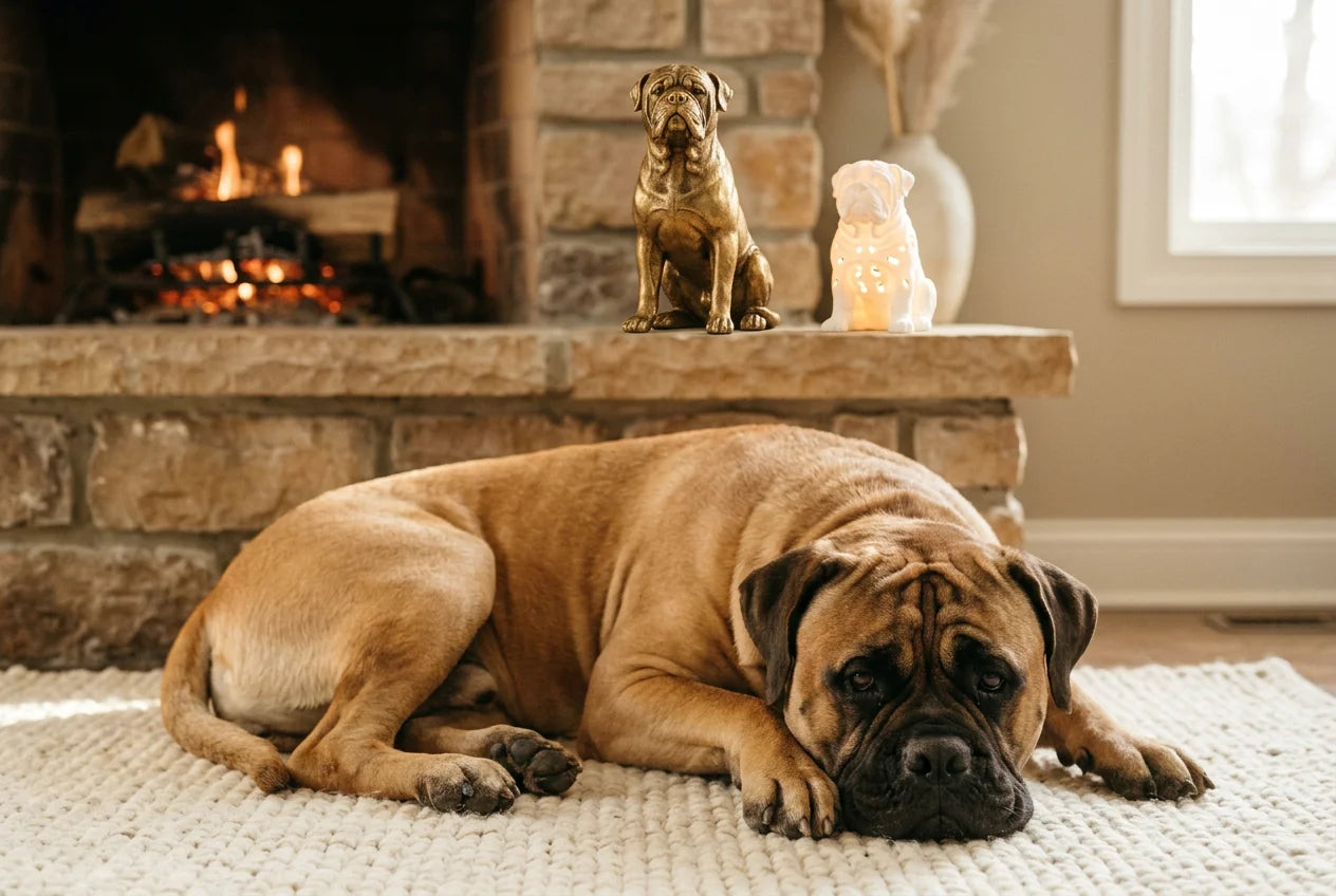 Bullmastiff dog in a warm editorial interior with handcrafted sculpture and luminary