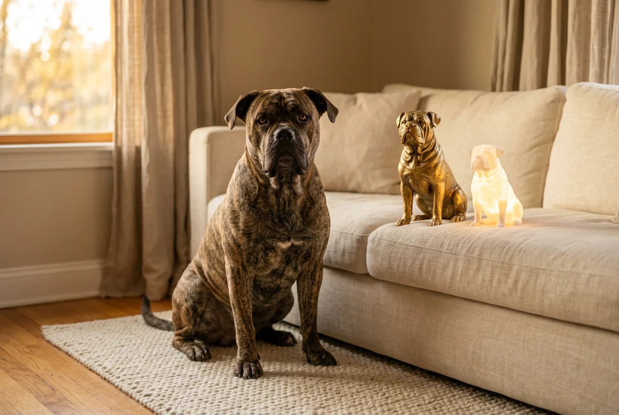 Ca de Bou dog in a warm editorial interior with handcrafted sculpture and luminary