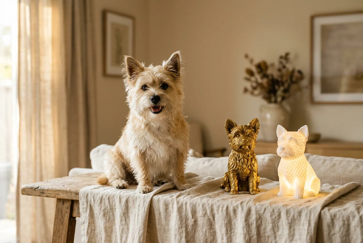 Cairmal dog in a warm editorial interior with handcrafted sculpture and luminary