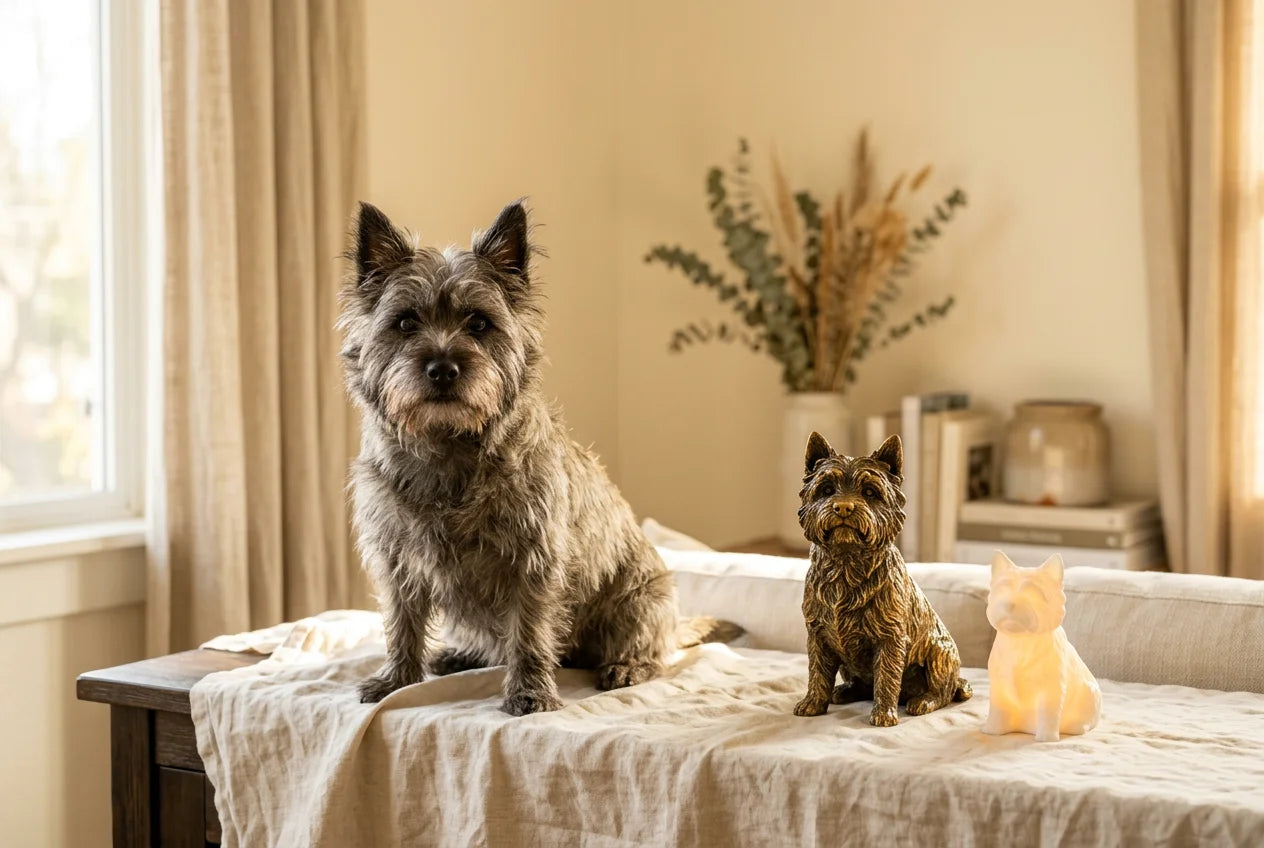 Cairn Terrier dog in a warm editorial interior with handcrafted sculpture and luminary