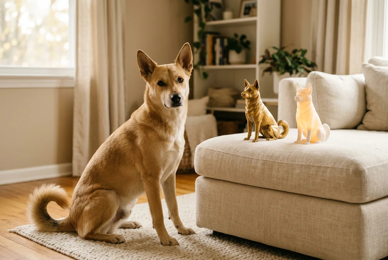 Canaan Dog dog in a warm editorial interior with handcrafted sculpture and luminary