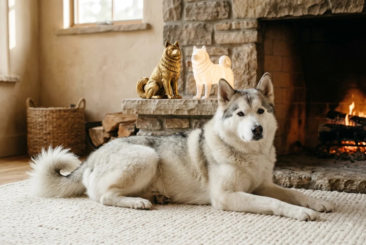Canadian Eskimo Dog dog in a warm editorial interior with handcrafted sculpture and luminary