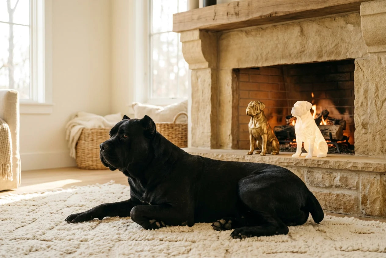 Cane Corso dog in a warm editorial interior with handcrafted sculpture and luminary