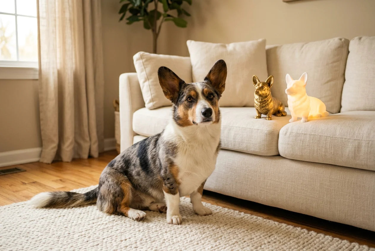 Cardigan Welsh Corgi dog in a warm editorial interior with handcrafted sculpture and luminary