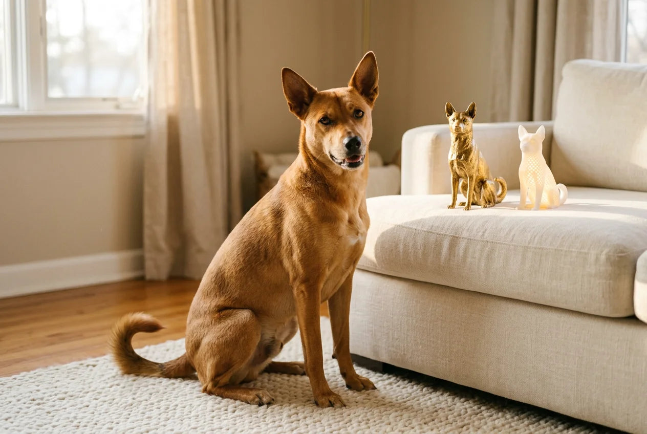 Carolina Dog dog in a warm editorial interior with handcrafted sculpture and luminary
