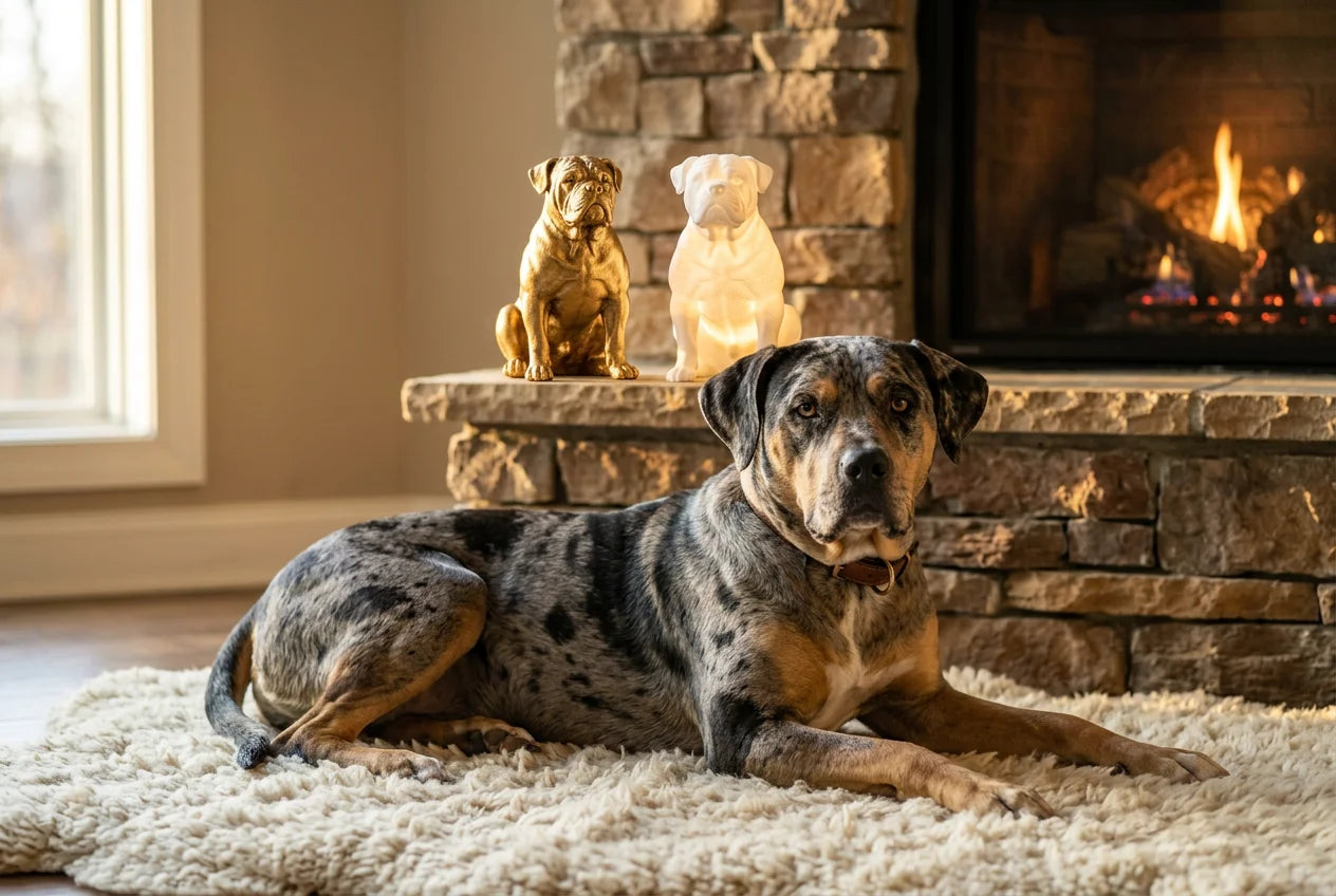 Catahoula Bulldog dog in a warm editorial interior with handcrafted sculpture and luminary