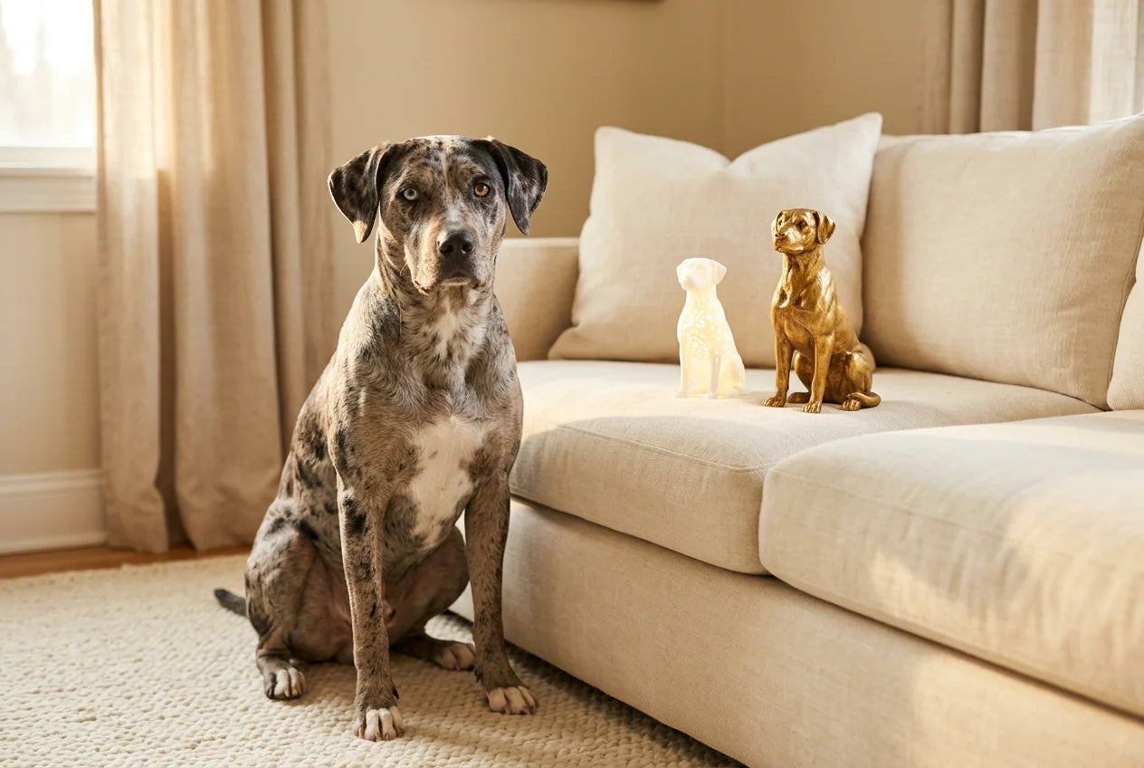 Catahoula Leopard Dog dog in a warm editorial interior with handcrafted sculpture and luminary