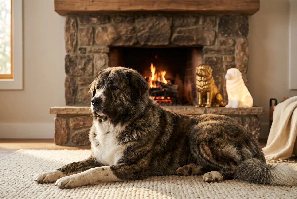Caucasian Shepherd dog in a warm editorial interior with handcrafted sculpture and luminary