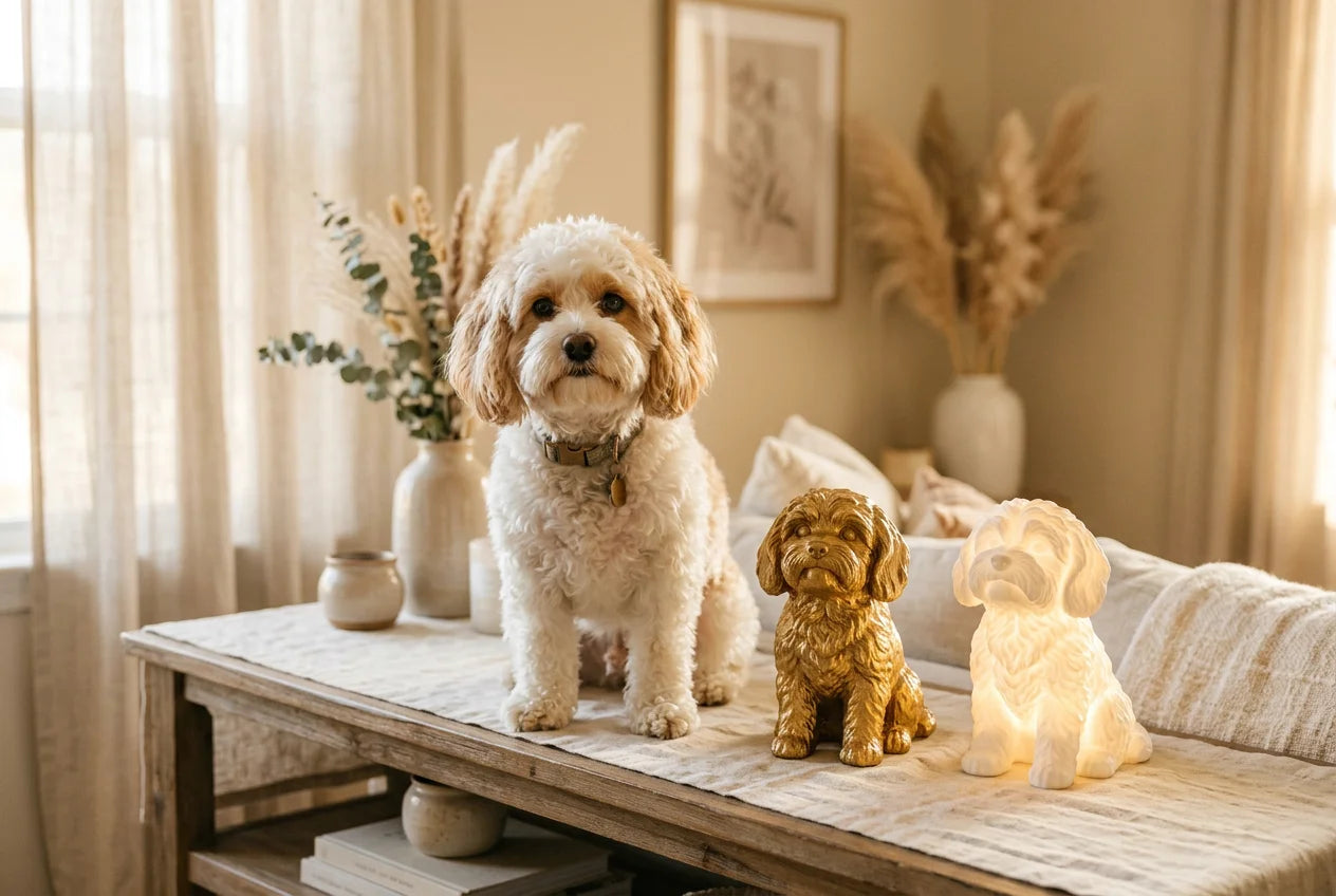 Cavachon dog in a warm editorial interior with handcrafted sculpture and luminary